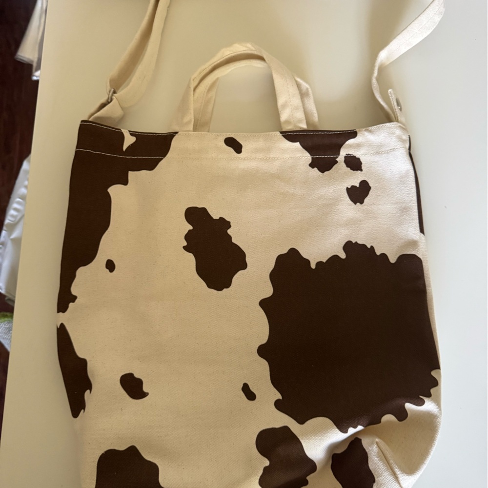 Baggy Canvas Cowprint Tote Bag in Cream and Brown New